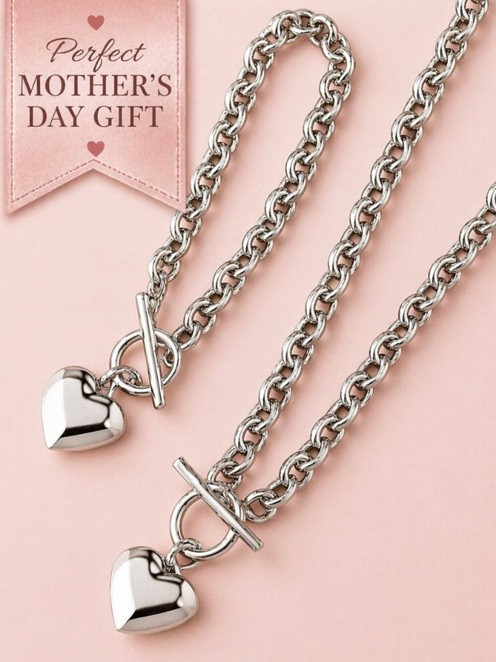 ๐ 2pc Heart Charm Necklace & Bracelet Set Silver Tone Chain Motherโs Day Gift - Picture 2 of 8